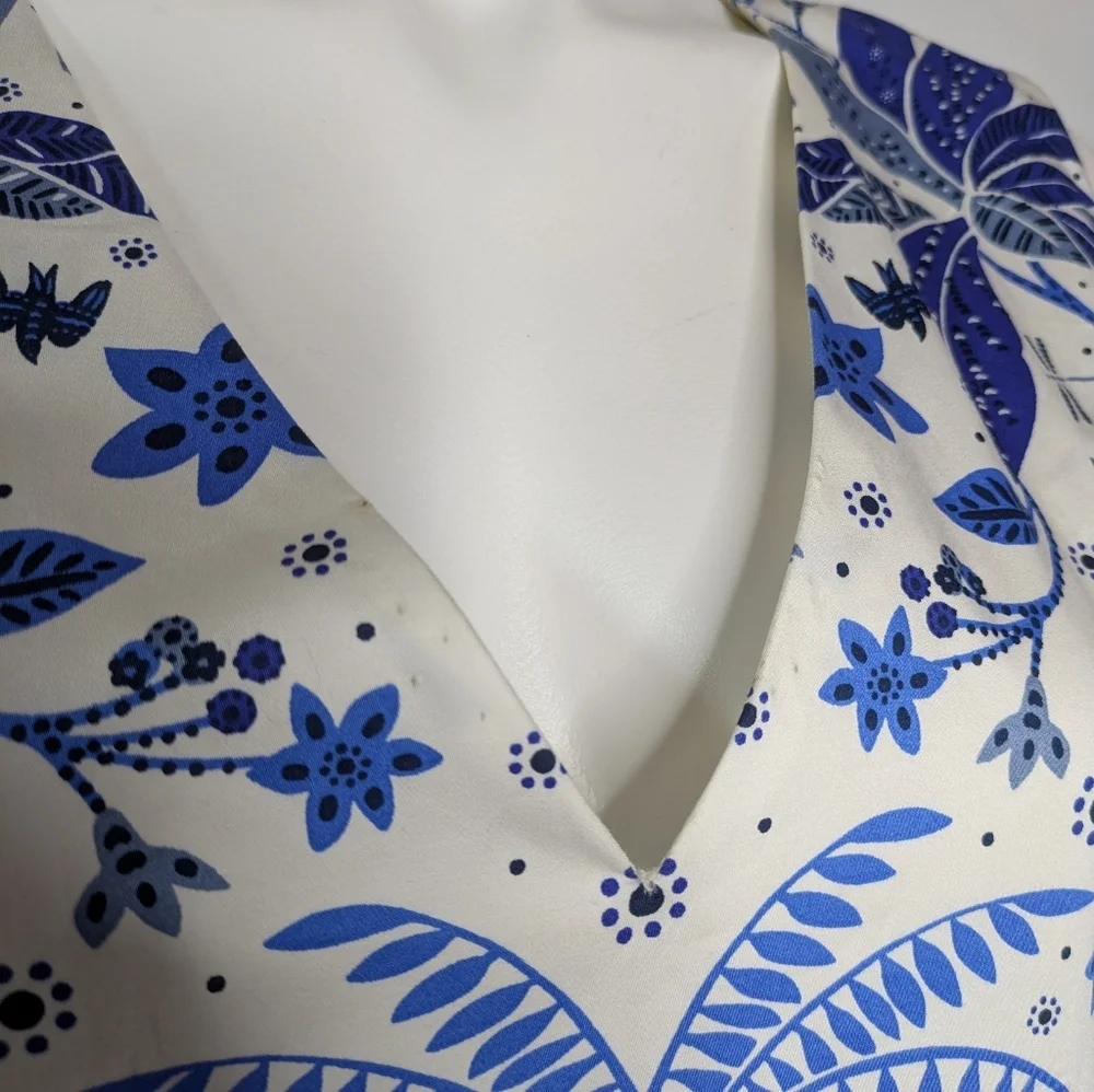 Boden Blue White Floral Bird Palm Tree Sleeveless V Neck Cotton Midi Dress 12 - Picture 5 of 10